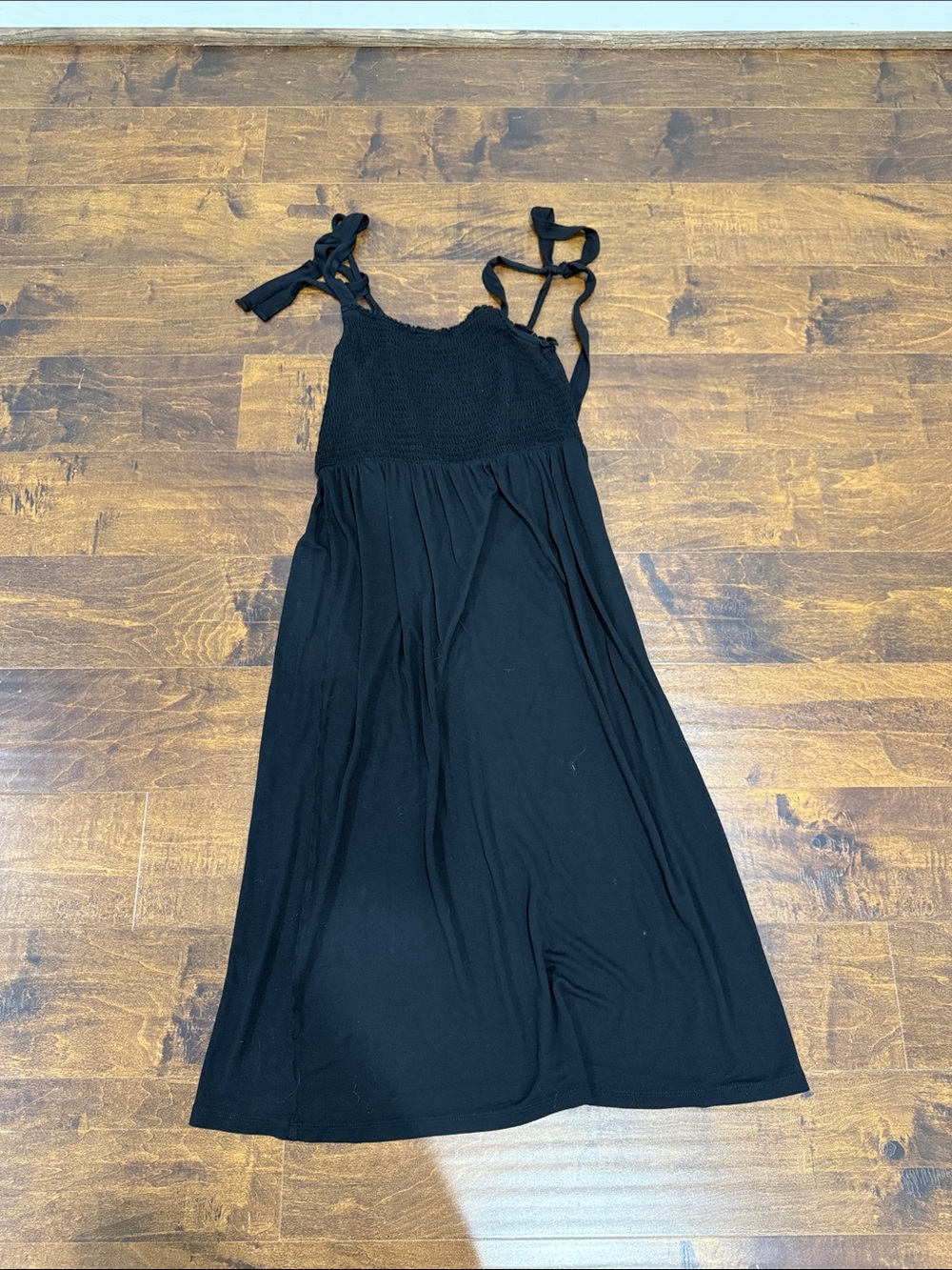 Black Tie-Shoulder Smocked Maxi Dress
